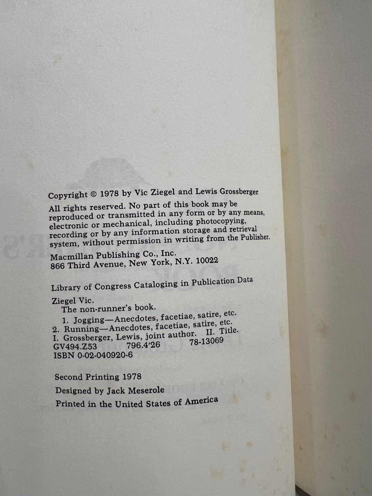 The Non-Runner’s Book Vic Ziegel & Lewis Grossberger 2nd Printing 1978 Lifestyle