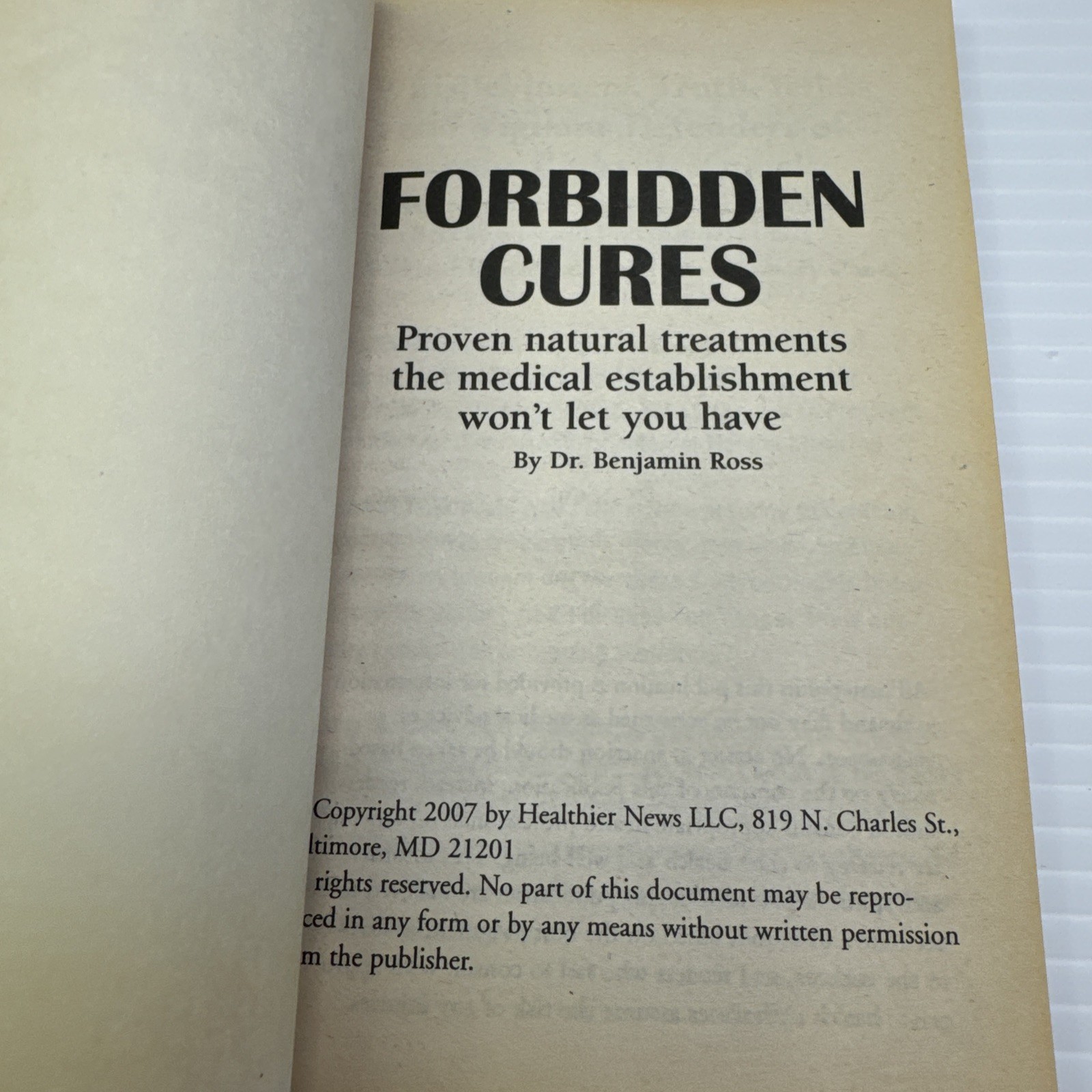 Forbidden Cures Proven Natural Treatments Dr. Benjamin Ross 2007 PB Health