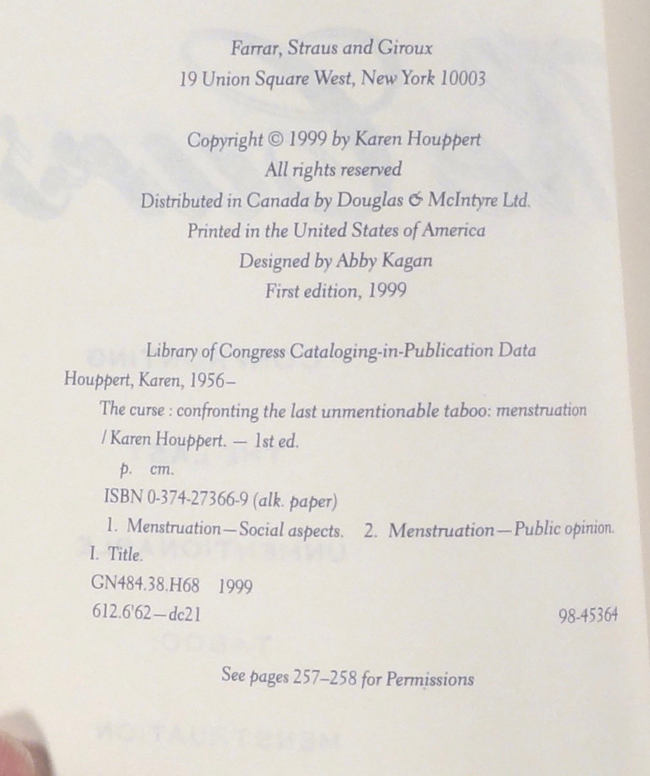 1999 Houppert THE CURSE Confronting the Taboo of Menstruation WOMEN’S HEALTH 1st